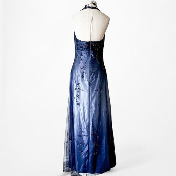 Vintage Blue Gradient Satin Mesh Floral Beaded Babydoll Style Prom Dress Size M - Picture 8 of 8